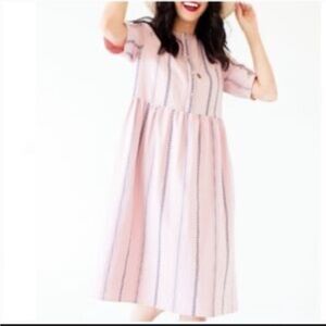 Roolee texture stripe Henley button midi dress half sleeve M